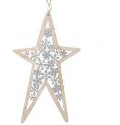 A natural wooden hanging star shaped decoration, complete with a silver glitter snowflake decal 