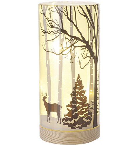 A stunning glass light with a warm glowing LED Centre and beautiful winter woodland scene to complete it 