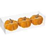 A set of 3 bright orange toned velvet pumpkins in a clear packaging, suitable for Christmas and Halloween 