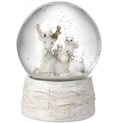 A chic winter woodland snow globe with a bark base and forrest friends.