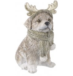 A unique and beautifully detailed dog decoration, adorned in festive antlers and scarf. 
