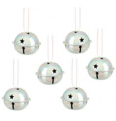 A set of 6 white iridescent hanging bells, each with star shaped details.