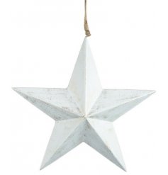 A rustic white star decoration with chunky jute rope hanger.