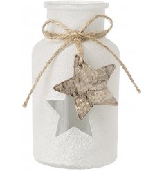 A chic glass jar with a frosted finish. Complete with a bark star and jute bow.