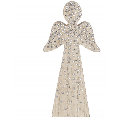 A chic wooden angel decoration adorned with cascading silver sequins.