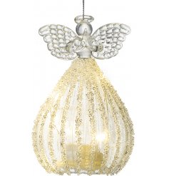 A stunning glass angel hanging decoration complete with spread wings, a ballgown dress and warm glowing LED display 