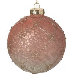 A stunning and simple glass bauble decorated with a glittery lattice pattern and pink mercury splash effect 