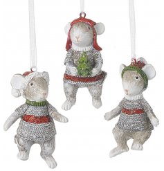 A mix of sweetly decorated resin mice hangers, each dressed in traditional knitted jumpers and coated with a glittery hi