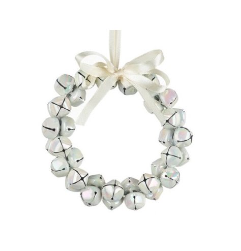 A round wreath made of iridescent coated jingling bells and hung from a cream ribbon hanger 