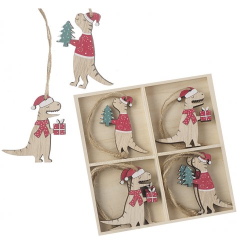 A set of assorted wooden hanging dinosaur decorations complete with a cartoon look and red tones for a festive feature 