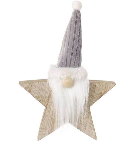 A natural wood star decoration combined with a high pointed gonk hat and fuzzy beard to complete the look 
