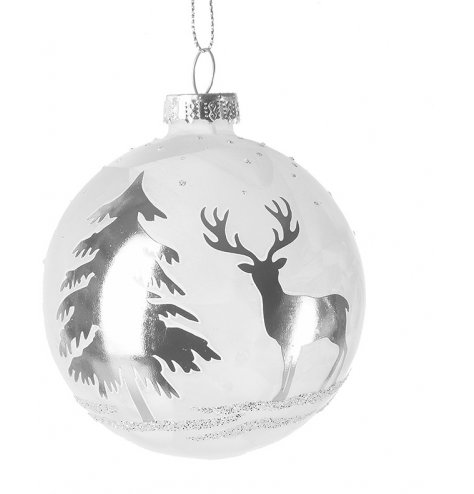 A bright white glass bauble with a stunning Silver Woodland Reindeer Scene printed on it 