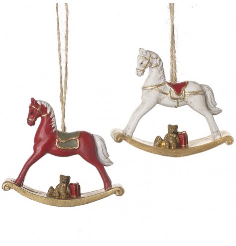 Traditional coloured resin based rocking horse hangers, sure to add a classical touch to your tree at Christmas