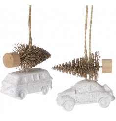 A festive mix of hanging Car and Camper Van decorations, both complete with a glittery sprinkle and golden bristle tree 