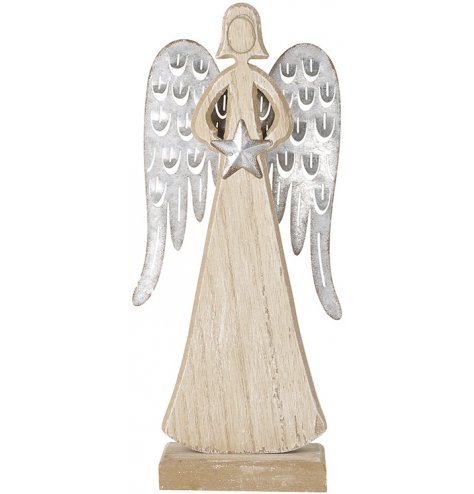 A natural wooden angel standing decoration complete with metal wings and a rustic star decal 