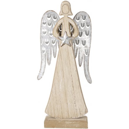 Wooden Angel With Metal Wings, 24.5cm 