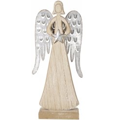 A natural wooden standing angel figure, beautifully detailed with a silvered star and wings with rustic detailing 