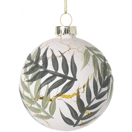 Gold and Green Leaf Bauble, 8cm 