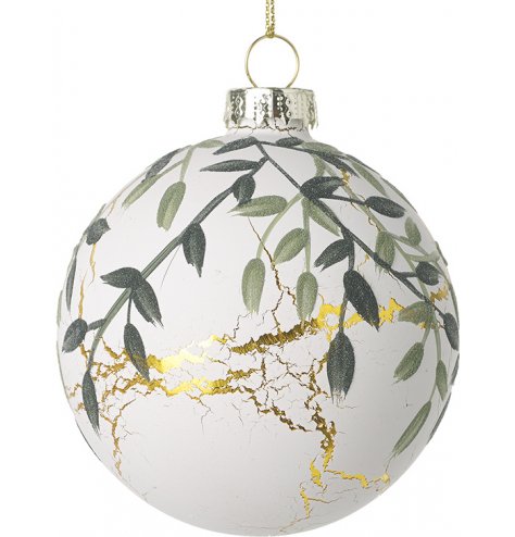 An elegant glass bauble decorated with a gold cracked look and green leaf decal 