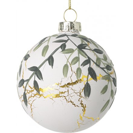 White, Gold and Green Leaf Bauble, 8cm 