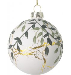 A gorgeous glass bauble featuring a gold crackle decal and beautiful green leaf print 