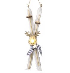 A hanging pair of skis complete with a fuzzy fur touch and added reindeer with LED Nose! 
