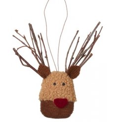 A charming little fabric reindeer hanger complete with twig antlers and a red nose 