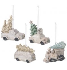 An assortment of hanging vehicles with festive accents and a neutral tone to each 