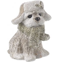 Dressed up in his warmest winter hat and scarf, this scotty dog also features cute details and a glittery touch 