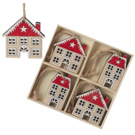 Set Of 8 Wooden House Tree Decorations, 13cm