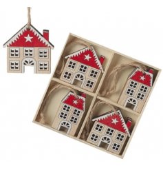 Set Of 8 Wooden House Tree Decorations