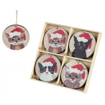 Round Cat Wooden Christmas Decorations Set
