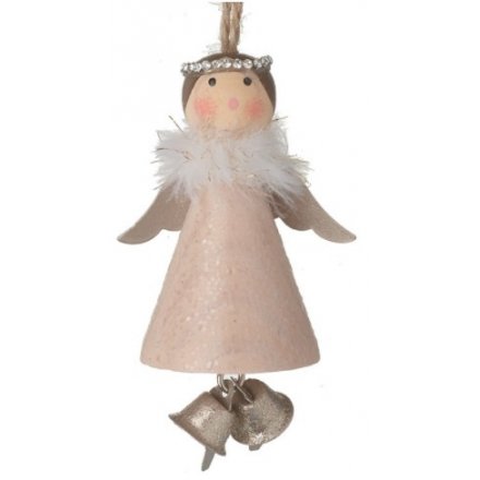 Wooden Hanging Angel Decoration With Bells 