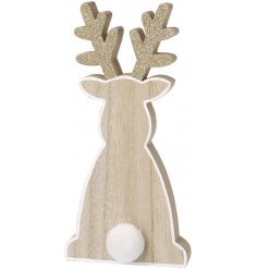 Wooden Sitting Reindeer - Gold Glitter