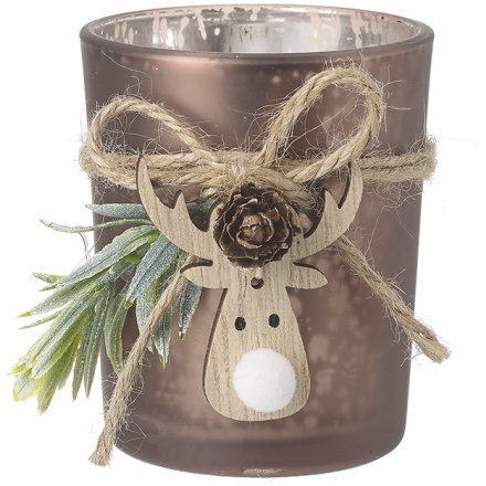 Brown Reindeer Tea Light Holder Mottled Glass  - small