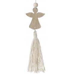 A simple hanging wooden angel shaped decoration, complete with a cream string tassel for a boho look 