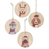 A festive mix of hanging wooden decorations, each set with a printed dog illustration 