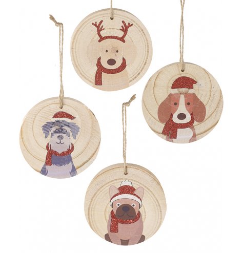 A mix of hanging wooden plaques, each printed with a pooch illustration and jute string hanger 
