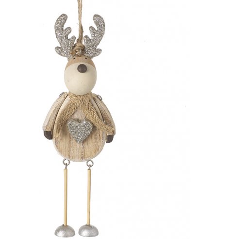 A dangly wooden reindeer decoration complete with silver trims and festive features 