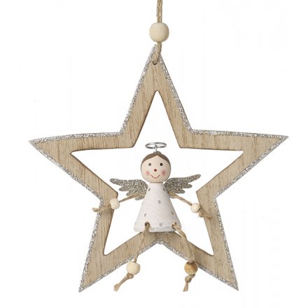 Silver Trim Wooden Star Hanger, 15cm 