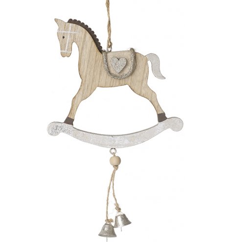 A hanging wooden rocking horse decoration complete with silver tones and a traditional charm 