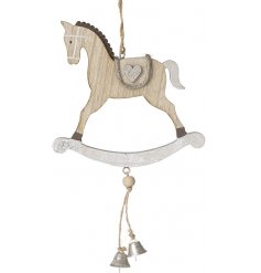 A hanging wooden rocking horse decoration complete with silver tones and jingling bells 