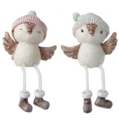 A sweet little mix of shelf sitting owl figures, both decorated with snug looking grey and pink hats! 