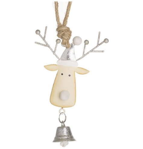 A hanging metal reindeer decoration with an added jingling bell 