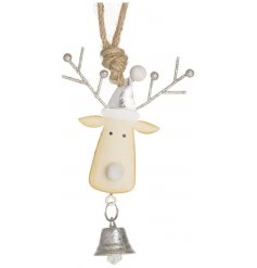 A chic and simple hanging metal reindeer decoration complete with silver tones and a jingling bell 