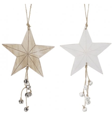 A mix of hanging wooden stars with jute string and jingling bells for a festive feel 