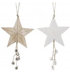  An assortment of wooden hanging stars, each set with a coloured finish and hanging bells for a festive feature