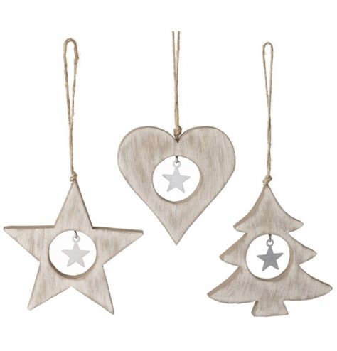 A mix of natural wooden heart, star and tree shaped hanging decorations, each complete with a hanging star charm in its 