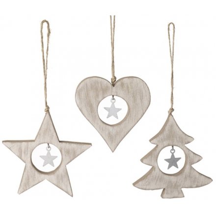 Natural Wooden Tree, Heart and Star Hangers 