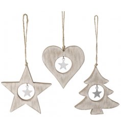   An assortment of shaped hanging wooden decorations, each complete with a hanging central star charm 